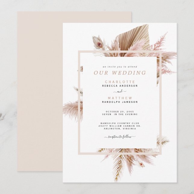 Pampas Beige No Parents Wedding Invitation (Front/Back)