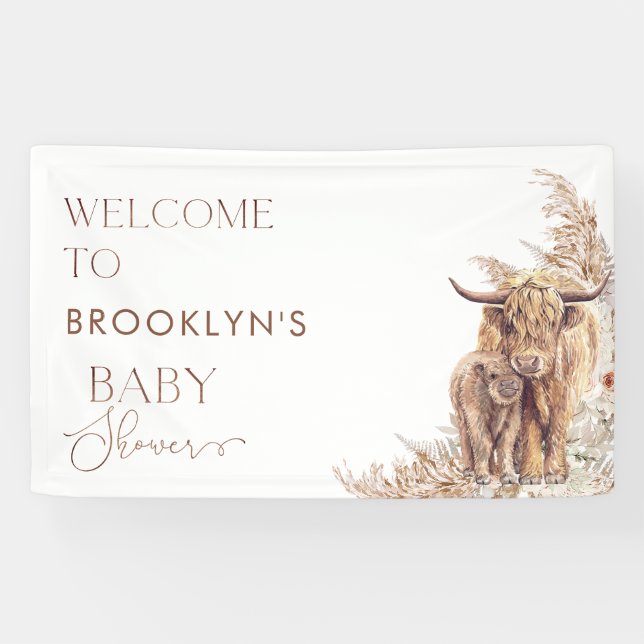 Pampas Boho Cow Calf Baby Shower Welcome Banner (Horizontal)