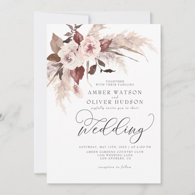 Pampas Boho Floral Watercolor Brown Beige Wedding Invitation (Front)