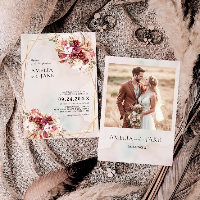 Pampas Burgundy Floral Geometric Wedding Invitation (Creator Uploaded)
