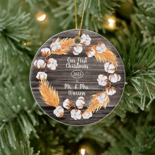Pampas | Cotton  Our First Christmas Mr| Mrs Photo Ceramic Tree Decoration (Tree)