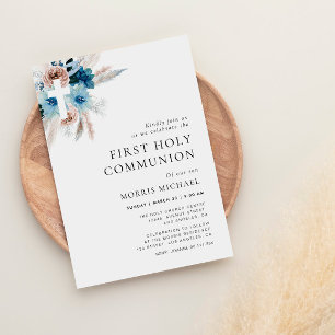 pampas dusty blue first communion invitation