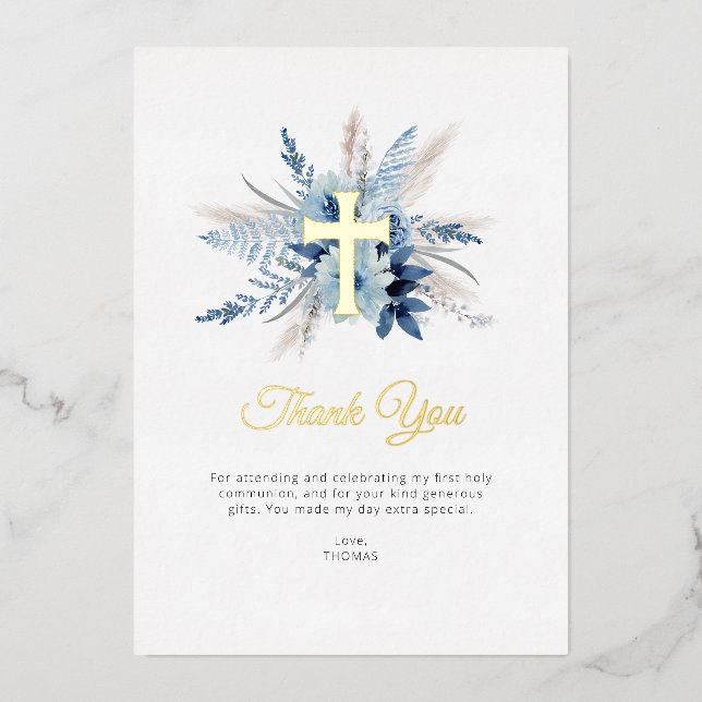 pampas dusty blue floral cross thank you card (Front)