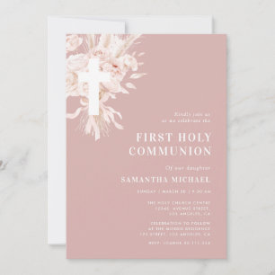 pampas dusty rose first communion invitation