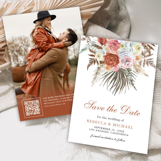Pampas Earthy Floral Terracotta Wedding Photo Save The Date (Creator Uploaded)