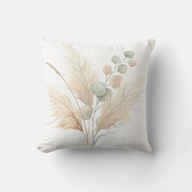 Pampas & Eucalyptus Boho Minimalist Botanical Patt Cushion (Front)