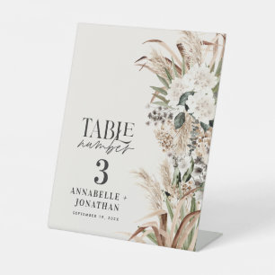 Pampas eucalyptus elegant wedding table number pedestal sign