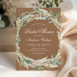 Pampas Eucalyptus Wreath Beige Tan Bridal Shower Invitation