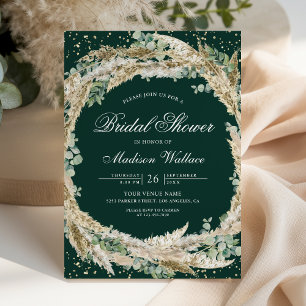 Pampas Eucalyptus Wreath Emerald Bridal Shower Invitation