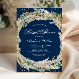Pampas Eucalyptus Wreath Navy Blue Bridal Shower Invitation