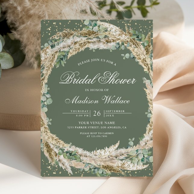 Pampas Eucalyptus Wreath Sage Green Bridal Shower Invitation (Creator Uploaded)