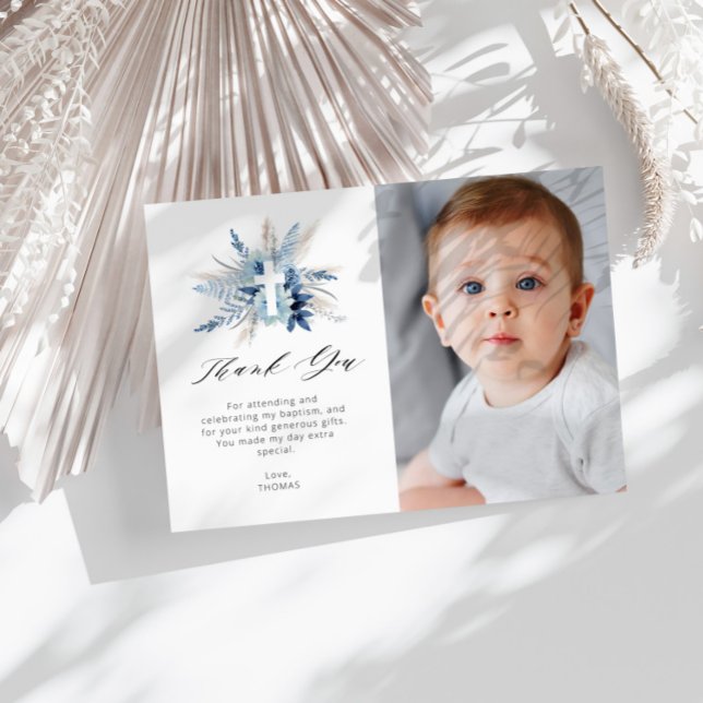 pampas floral baptism photo thank you card (Creator Uploaded)