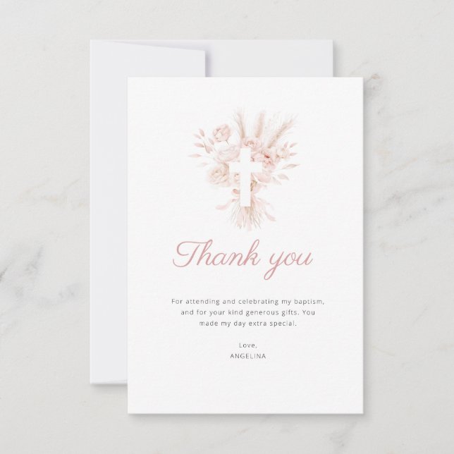 pampas floral dusty rose baptism thank you card (Front)