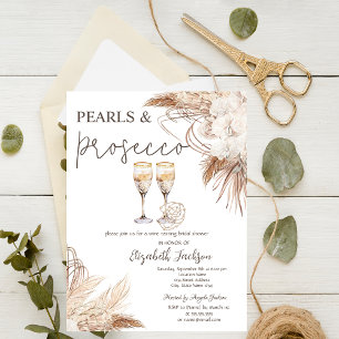 Pampas Flowers Pearls Prosecco Bridal Shower   Invitation