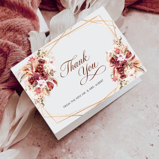 Pampas Gold Geometric Burgundy Floral Wedding Thank You Card (Creator Uploaded)