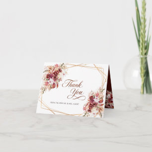 Pampas Gold Geometric Burgundy Floral Wedding Thank You Card