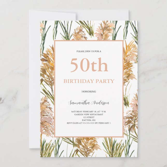 Pampas Grass 50th Birthday Invitation (Front)