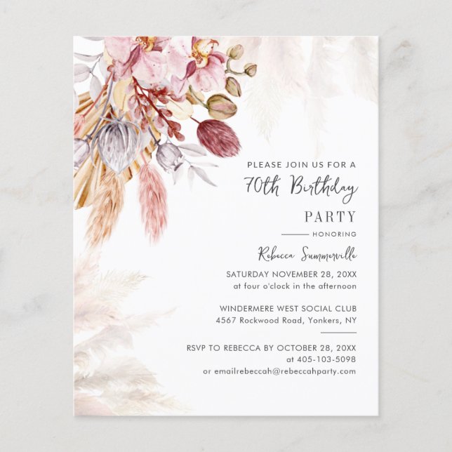 Pampas Grass 70th Birthday Party Chic Invitation (Front)