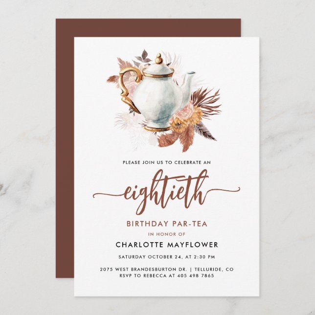 Pampas Grass 80th Birthday Tea Party Invitation (Front/Back)