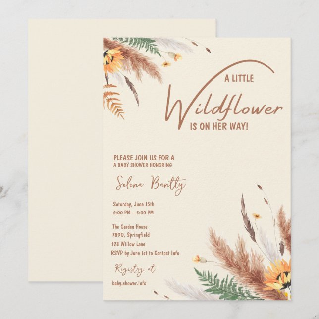 Pampas Grass A Little Wildflower Baby Girl Shower Invitation (Front/Back)