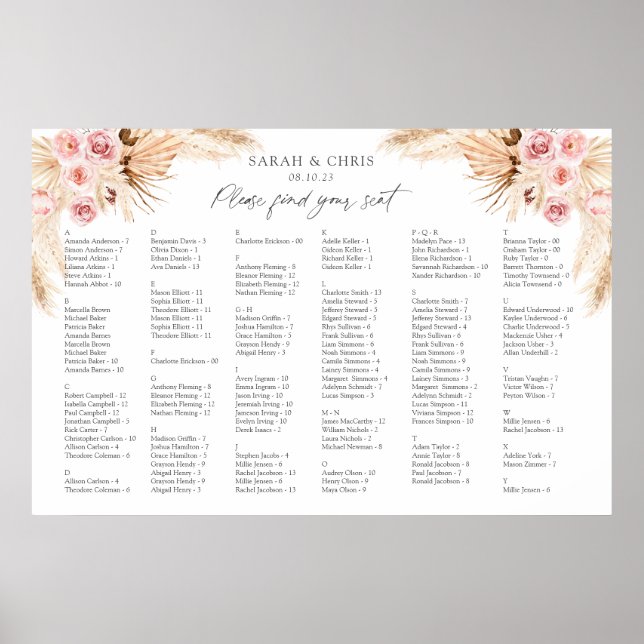 Pampas Grass Alphabetical order seating chart (Front)