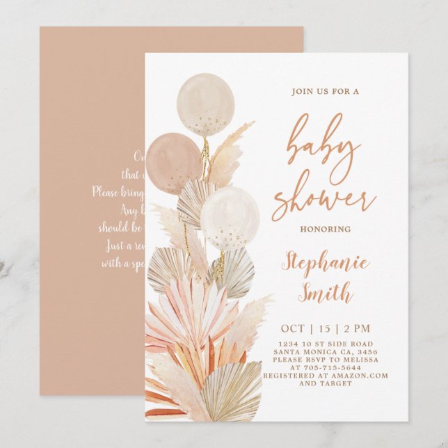  Pampas Grass and balloons Baby Shower Invitation (Front/Back)