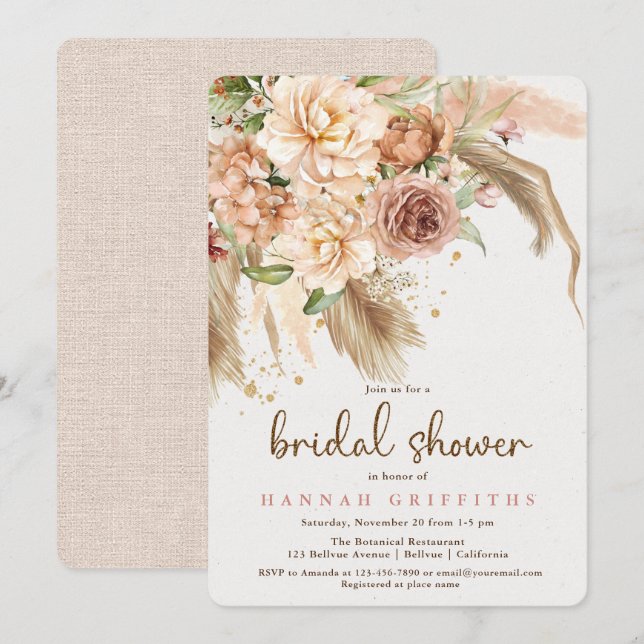 Pampas grass and boho roses bridal shower invitation (Front/Back)