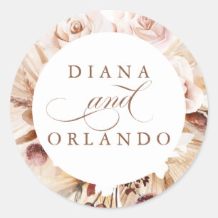 Pampas Grass and Cream Flowers Boho Wedding Classic Round Sticker