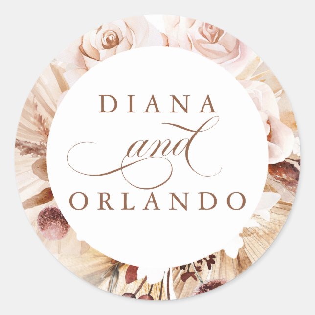 Pampas Grass and Cream Flowers Boho Wedding Classic Round Sticker (Front)