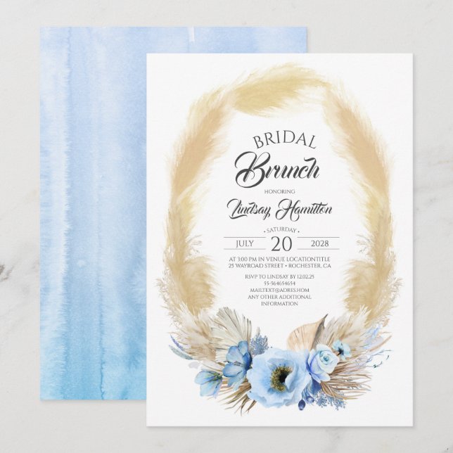 Pampas Grass and Dusty Blue Flowers Bridal Brunch Invitation (Front/Back)