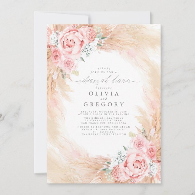 Pampas Grass and Elegant Flowers Rehearsal Dinner  Invitation (Front)