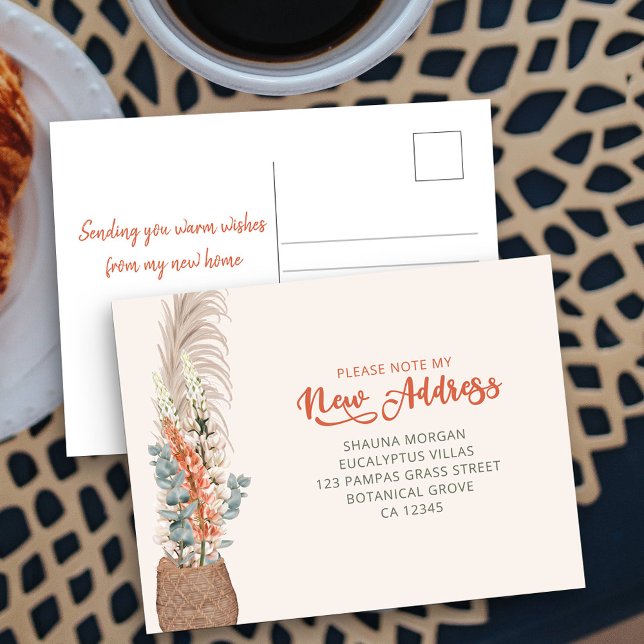 Pampas Grass and Eucalyptus New Address Moving Announcement Postcard (New Address postcard with boho basket of pampas eucaluptus and tropical flowers)