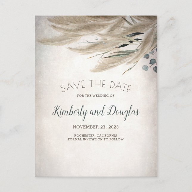 Pampas Grass and Greenery Boho Save the Date Announcement Postcard (Front)