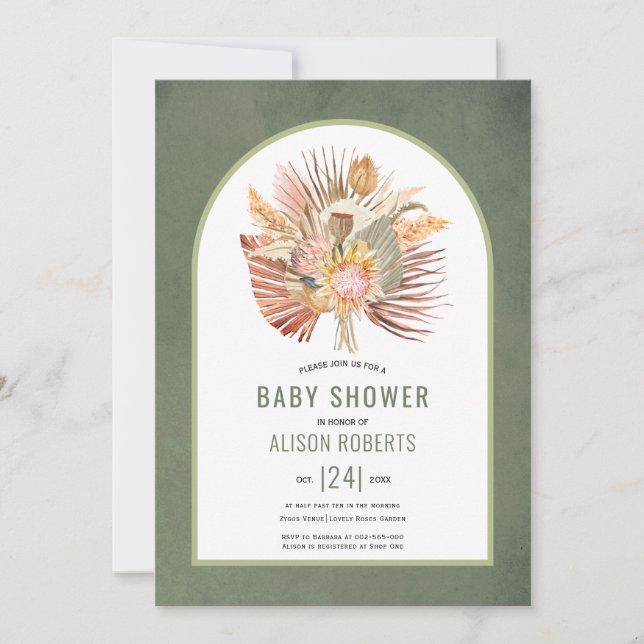 Pampas grass and palm grayish green baby shower  invitation (Front)