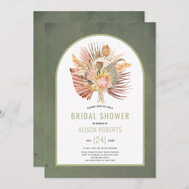 Pampas grass and palm green bridal shower invitation (Front/Back)