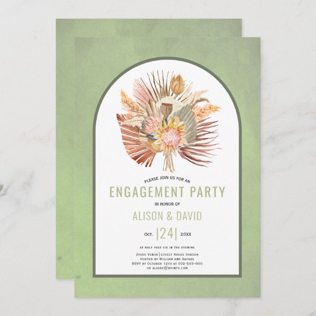 Pampas grass and palm sage green engagement party invitation (Front/Back)