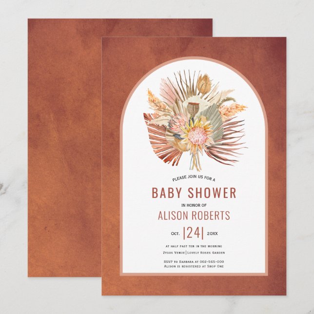 Pampas grass and palm terracotta baby shower invitation (Front/Back)