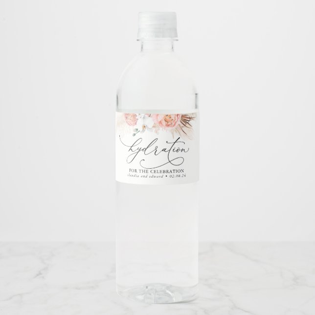 Pampas Grass and Pink Flowers Elegant Boho Water Bottle Label (Front)