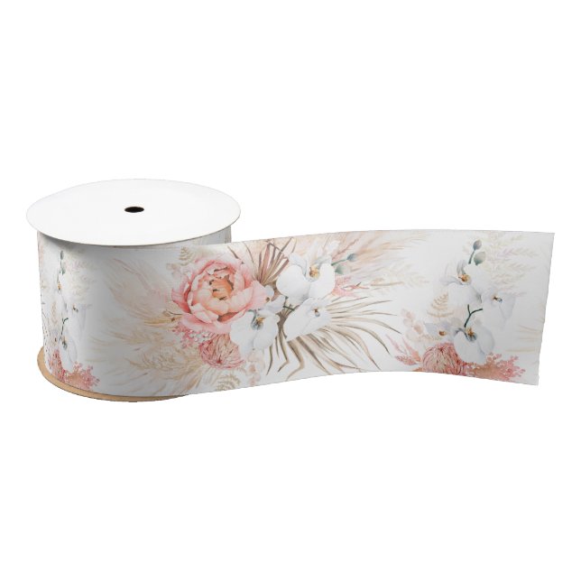 Pampas Grass and Pink Flowers Satin Ribbon (Spool)