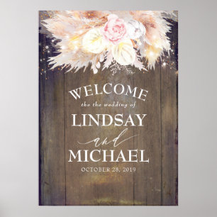 Pampas Grass and Pink Flowers Wedding Welcome Poster