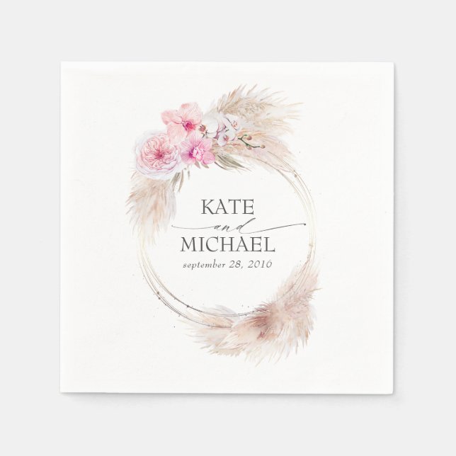 Pampas Grass and Pink Orchids Floral Tropical Napkin (Front)