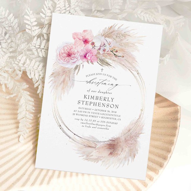 Pampas Grass and Pink Orchids Girls Christening Invitation (Pink Orchid Flowers and Pampas Grass Christening Invitations)