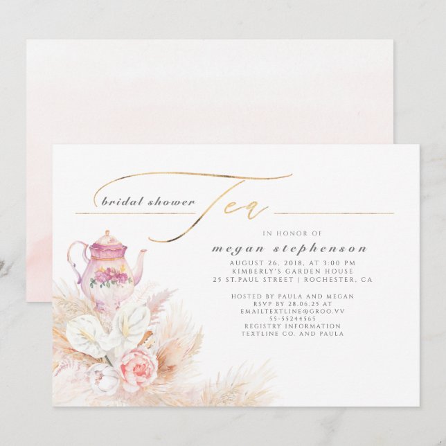 Pampas Grass and Pink Tea Pot Bridal Shower Tea Invitation (Front/Back)