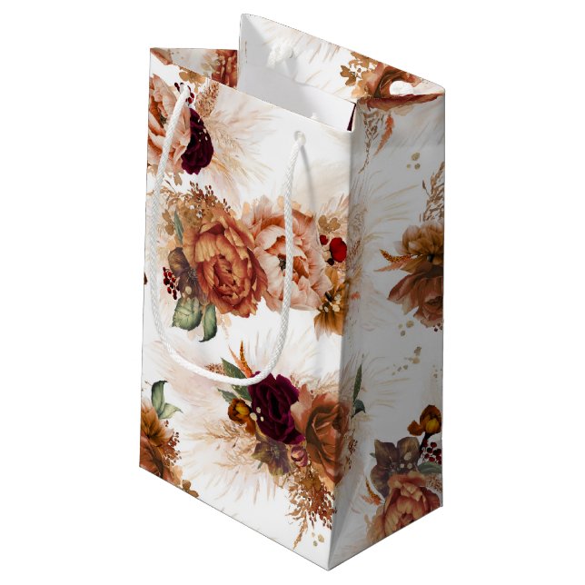 Pampas Grass and Rust Terracotta Flowers Elegant Small Gift Bag (Back Angled)