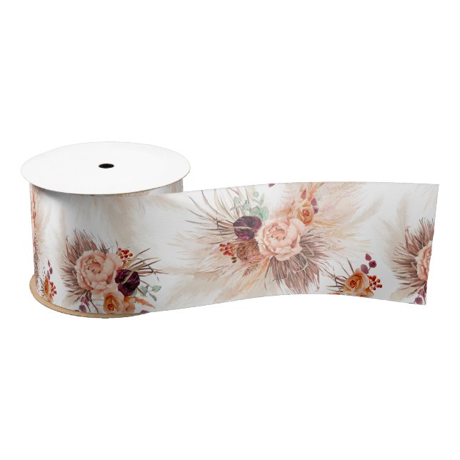 Pampas Grass and Terracotta Flowers Satin Ribbon (Spool)