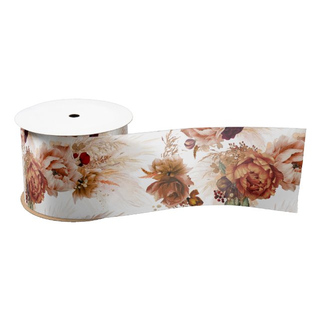 Pampas Grass and Terracotta Rust Flowers Botanical Satin Ribbon (Spool)