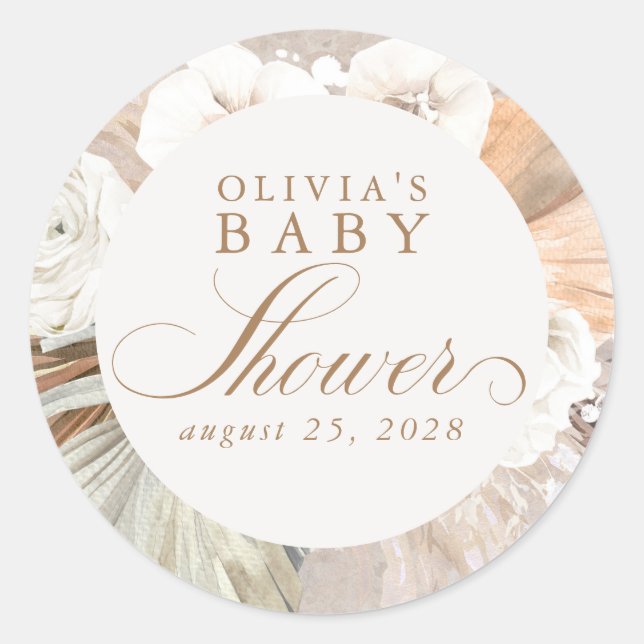 Pampas Grass and White Flowers Boho Elegant Classic Round Sticker (Front)