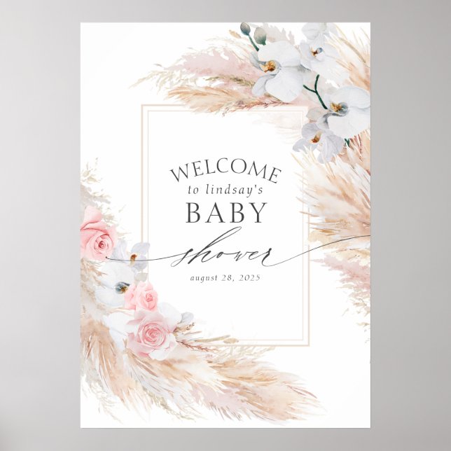 Pampas Grass and White Orchids Baby Shower Welcome Poster (Front)