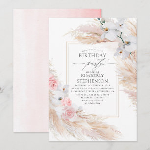 Pampas Grass and White Orchids Elegant Birthday Invitation