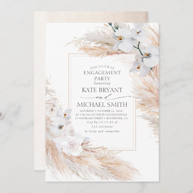 Pampas Grass and White Orchids Engagement Party Invitation (Front/Back)